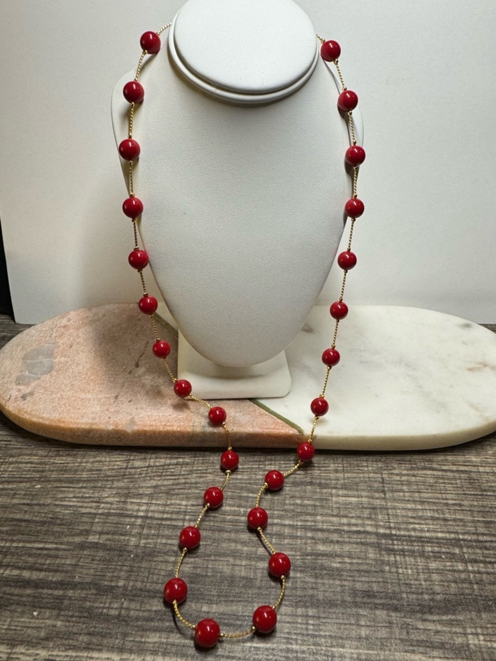 Vintage Red Bead Station Necklace Gold Tone Chain Long Necklace